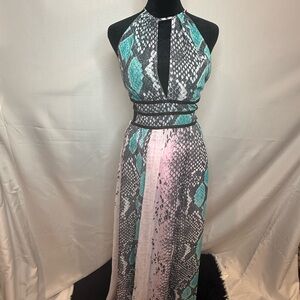 Bebe Blue Green Halter Maxi Sundress